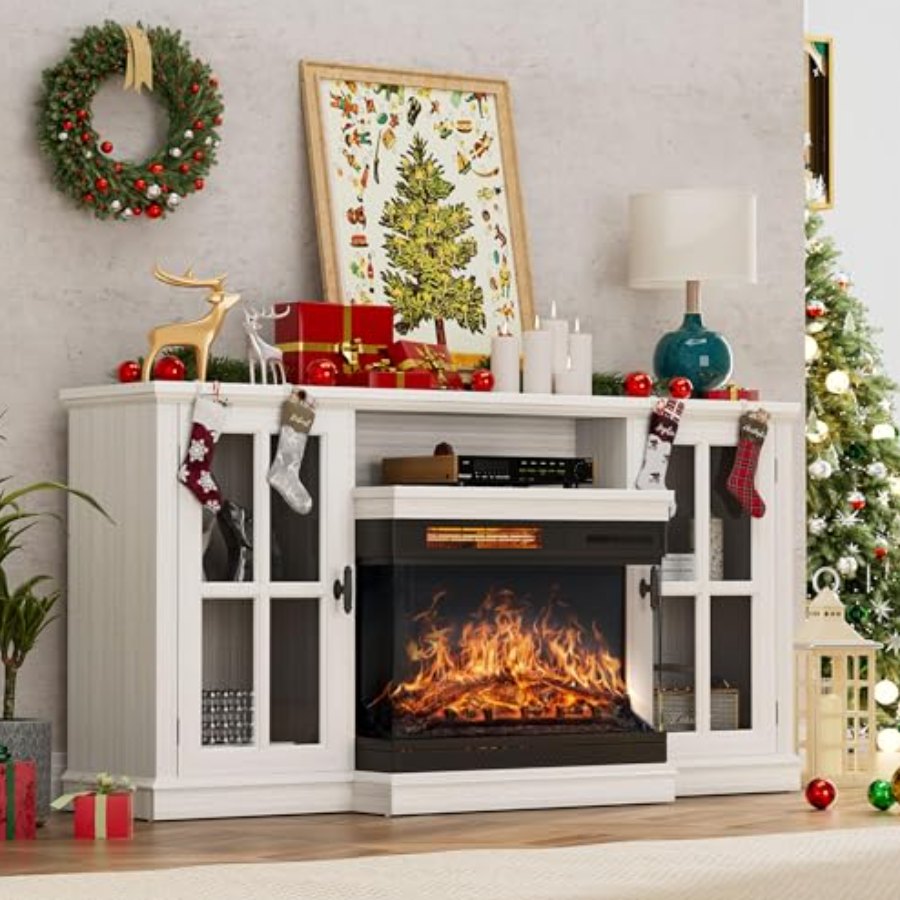 YESHOMY Glass Fireplace TV Stand