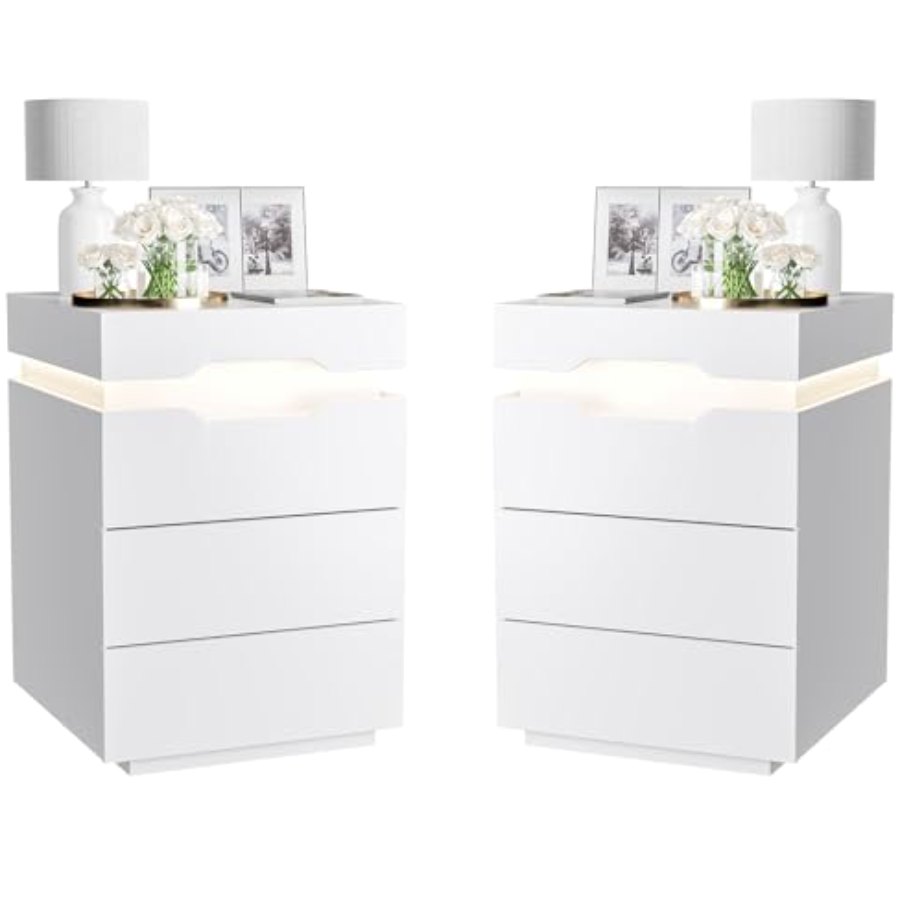 YESHOMY Nightstand with LED Light and Charging Station