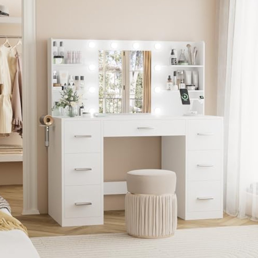 YESHOMY Vanity Desk with Mirror (Pure White)